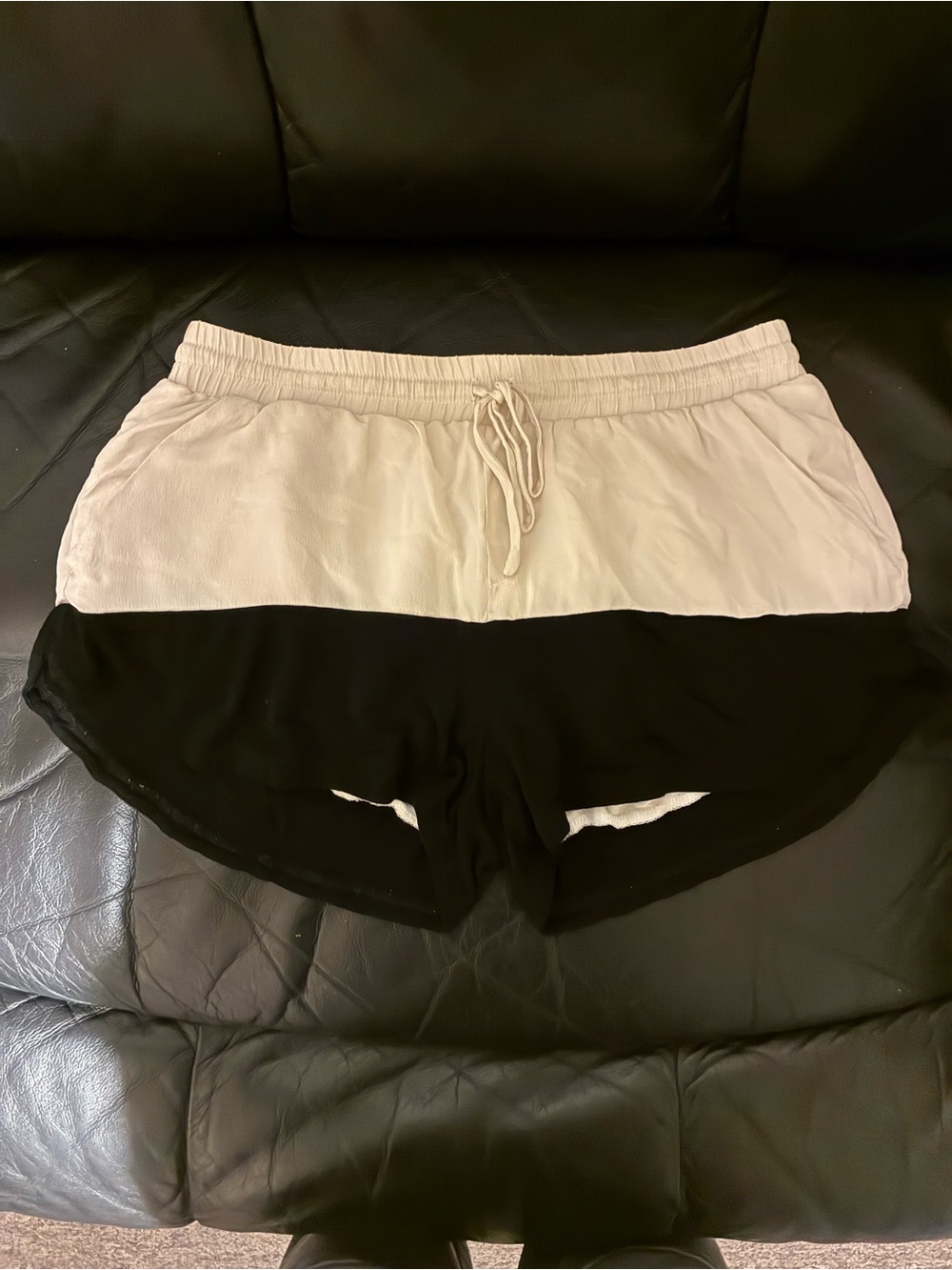 Two-Tone Black and Cream Athletic Shorts with Drawstring Waist